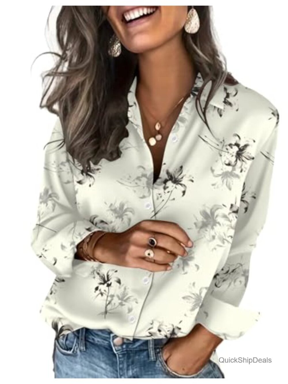 Satin Button Down Blouse Long Sleeve V-Neck Floral Shirt for Women